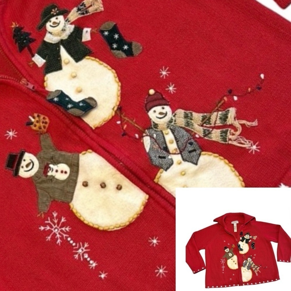 Vtg Tiara International Cardigan Novelty Snowmen Christmas Ugly Red Holiday Sz L